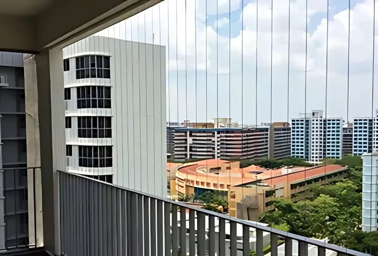 Bright balcony grill with clear sky views